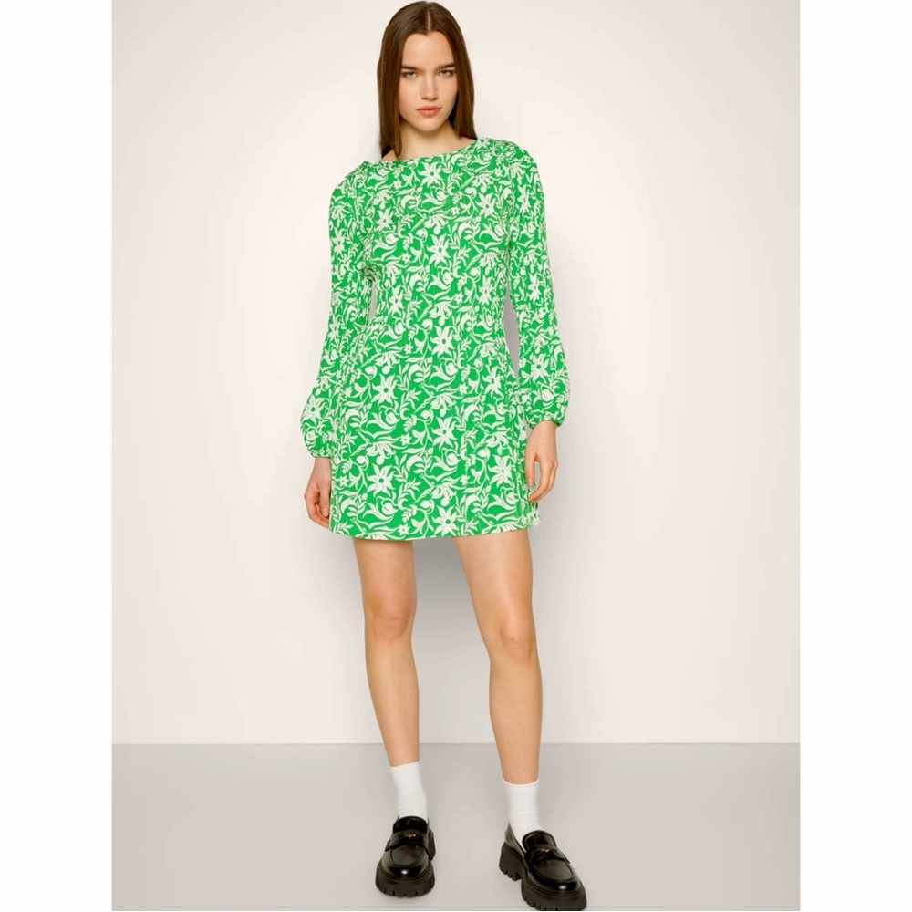 Maje Green Floral-Print Plissé-Crepe Long Sleeve Mini Dress NWT